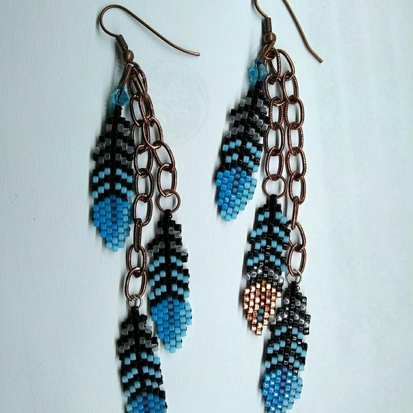 Hand Crafted Jewelry - Beaded Handmade Turquoise Feather Long Earrings